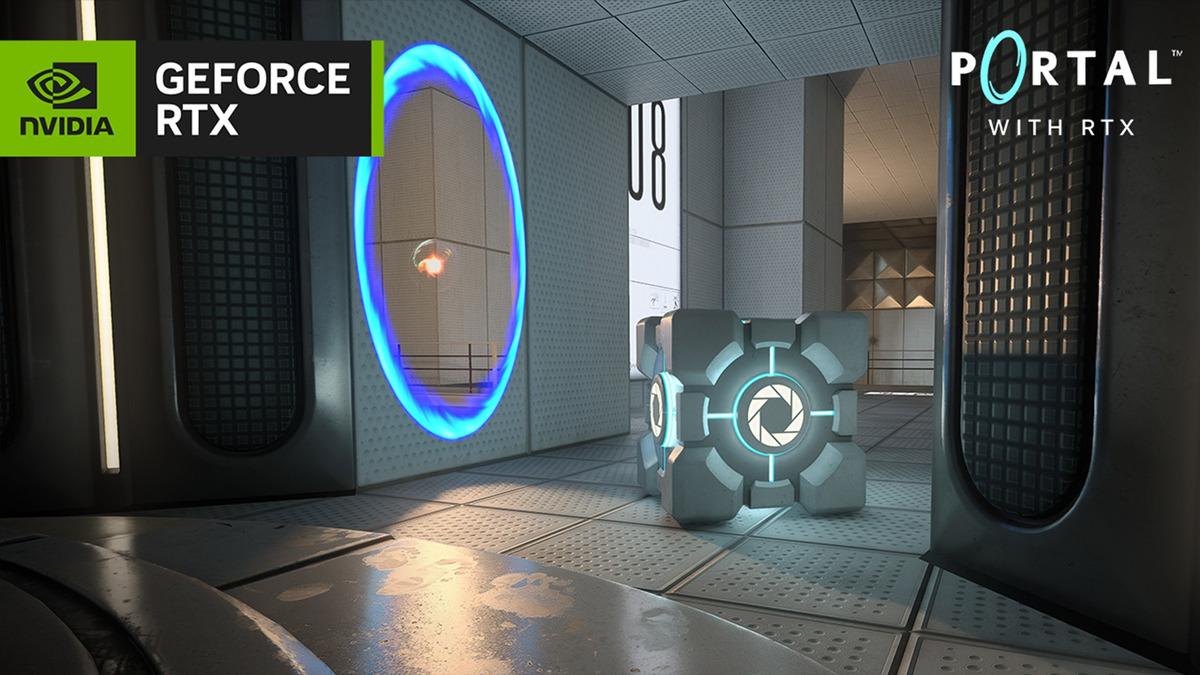 Portal with RTX temalı sahnede portal efekti, küp ve GeForce RTX ile Portal with RTX logoları görülüyor.