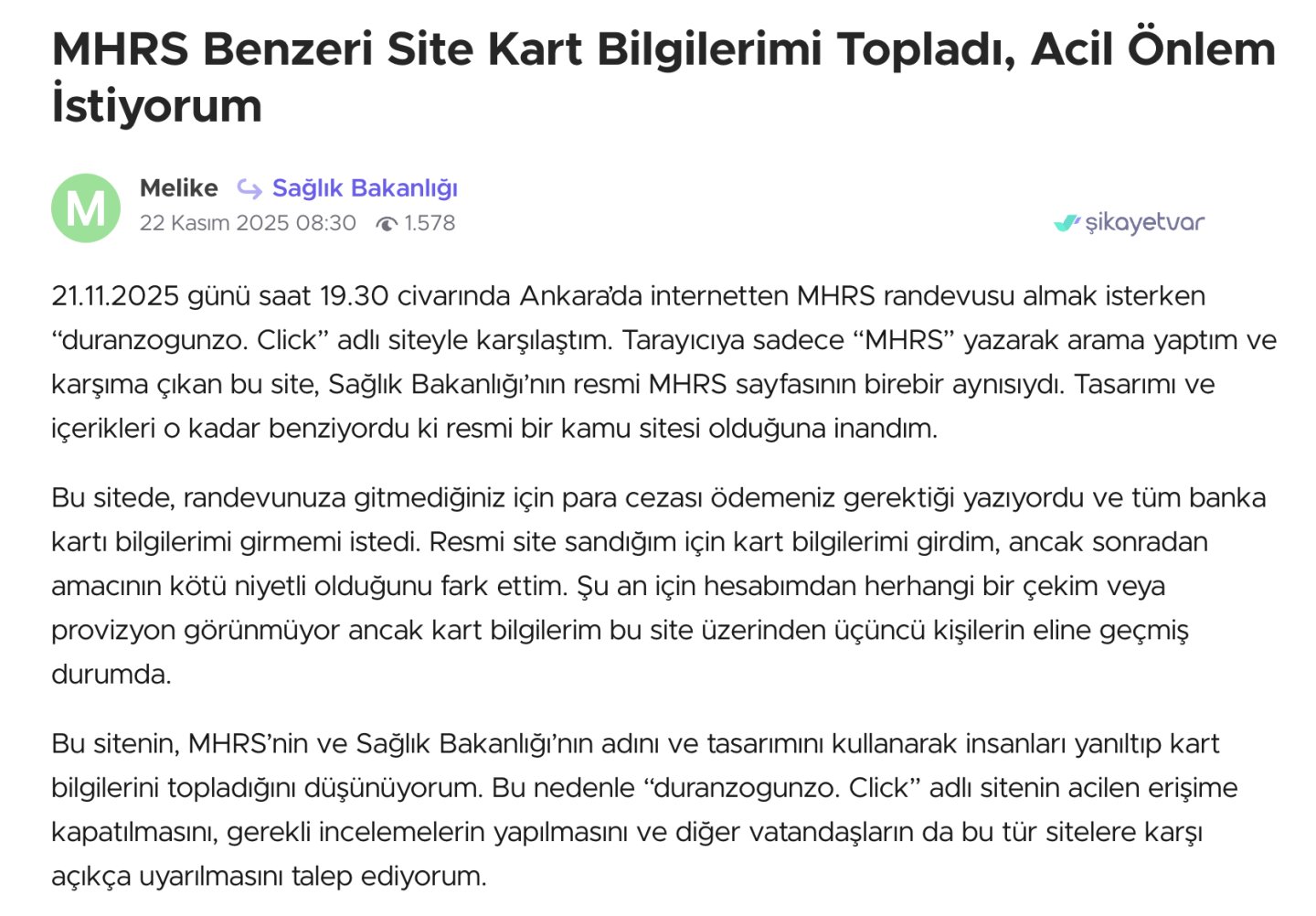 MHRS benzeri site üzerinden kart bilgilerinin istendiğine dair kullanıcı şikayeti ekran görüntüsü.