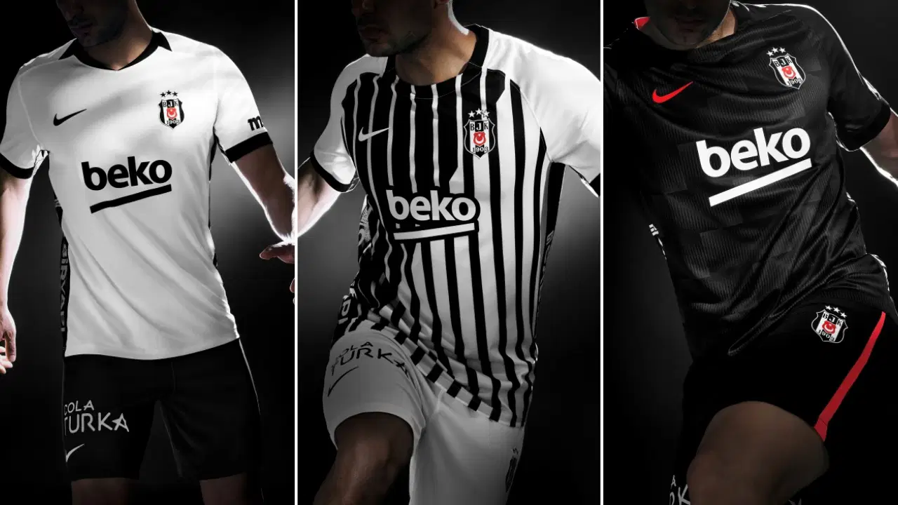 Beşiktaş’ın beyaz, siyah-beyaz çubuklu ve siyah yeni sezon formalarını gösteren tanıtım görseli.
