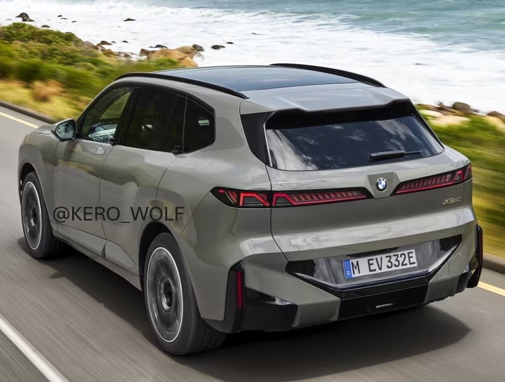 Yeni BMW iX5’in arka bölümünü ve stop tasarımını gösteren sızan görsel.