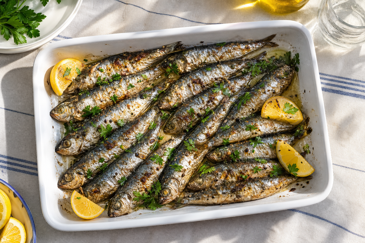 Beyaz fırın kabında limon ve maydanozla servis edilen küçük sardalyalar.