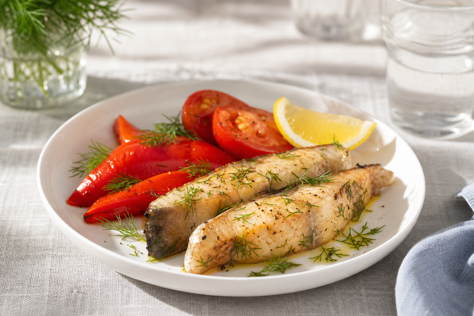 Sebzeler ve limonla servis edilen pişmiş balık dilimleri.