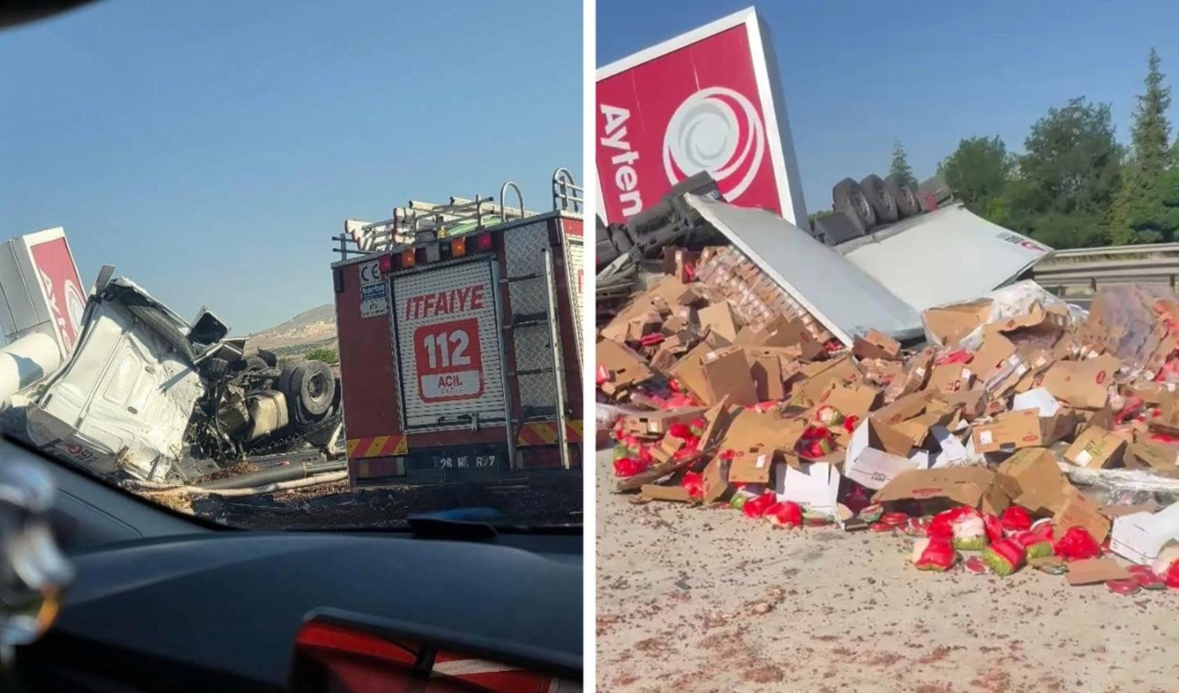 Eskişehir-Ankara kara yolunda TIR akaryakıt istasyonunun tabelasına çarptı: 2 yaralı