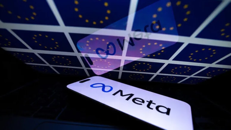 Meta logosu ve Avrupa Birliği bayrağı yansımalarının görüldüğü haber görseli.
