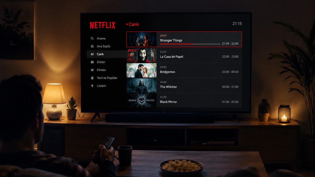 Bir televizyon ekranında Netflix benzeri canlı yayın akışı arayüzü görülüyor.