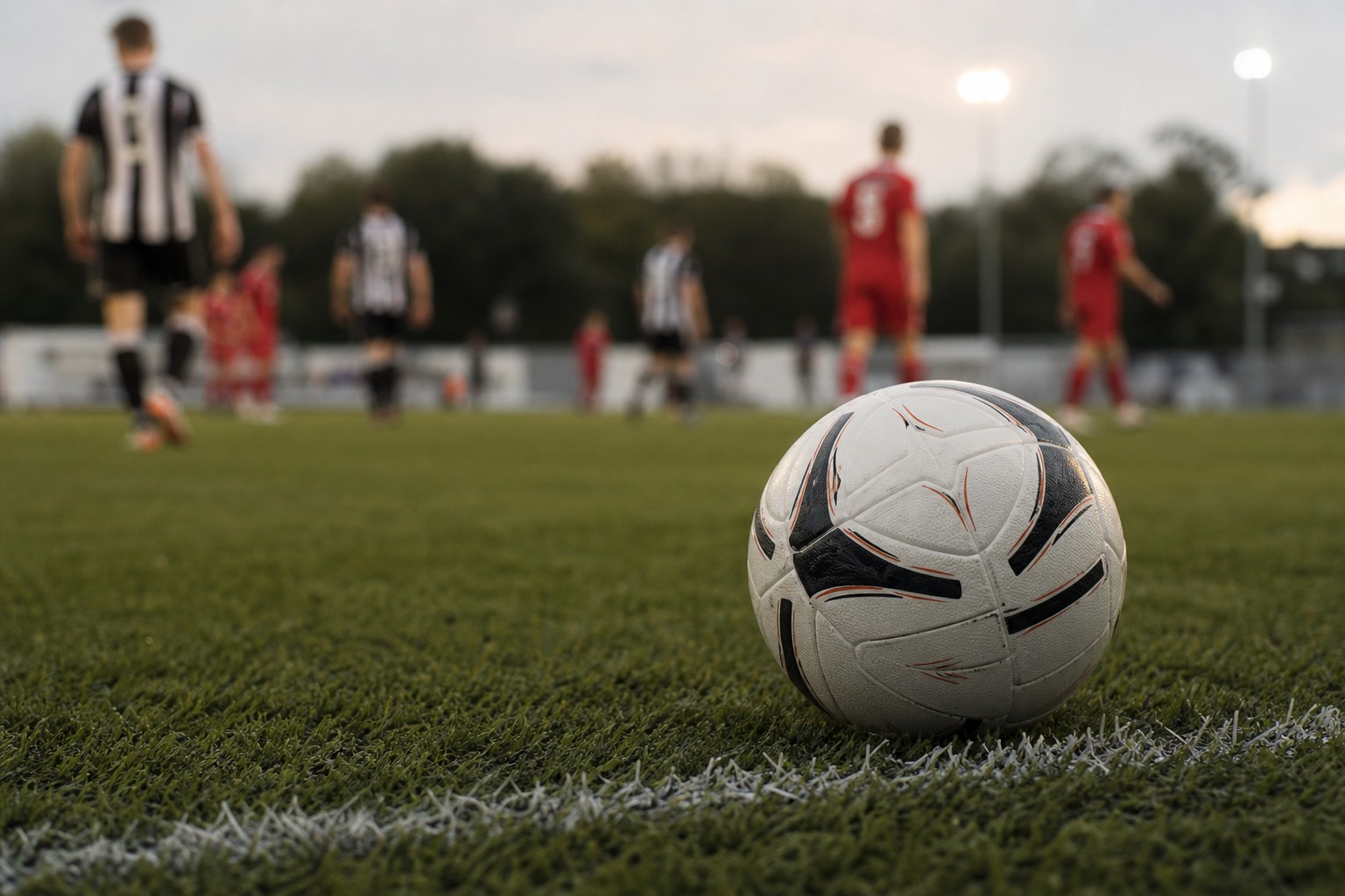 Çim sahada futbol topu ve arka planda hazırlık maçı yapan futbolcuların temsili görüntüsü.