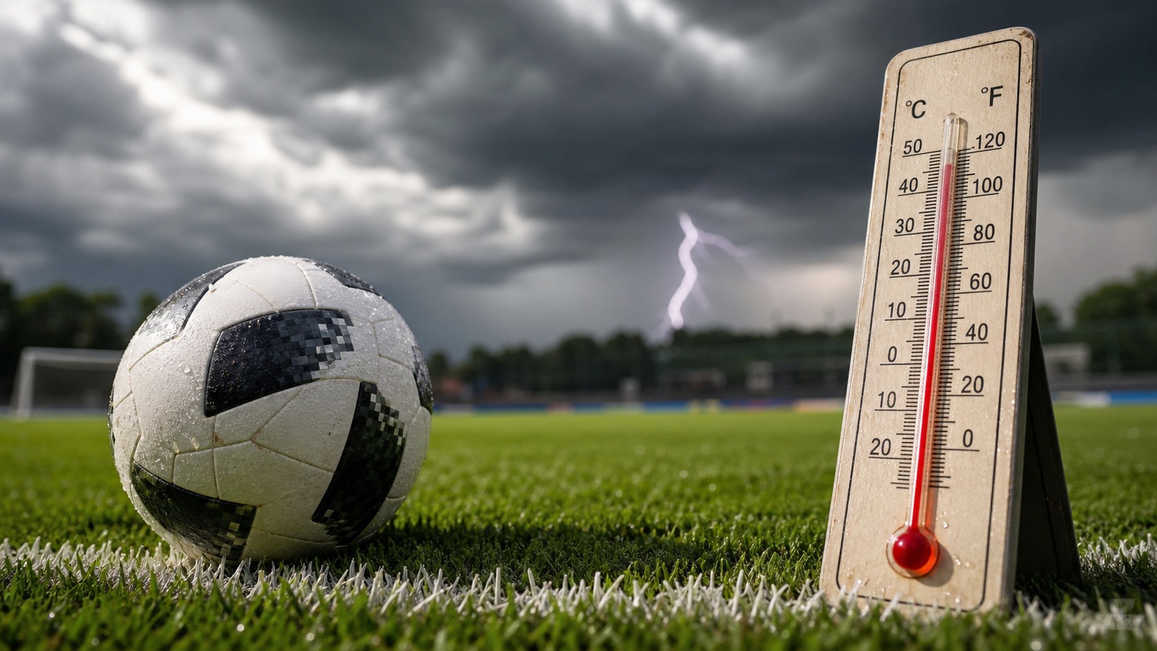 Futbol sahasında aşırı sıcak ve yıldırım riskini anlatan temsili görsel.