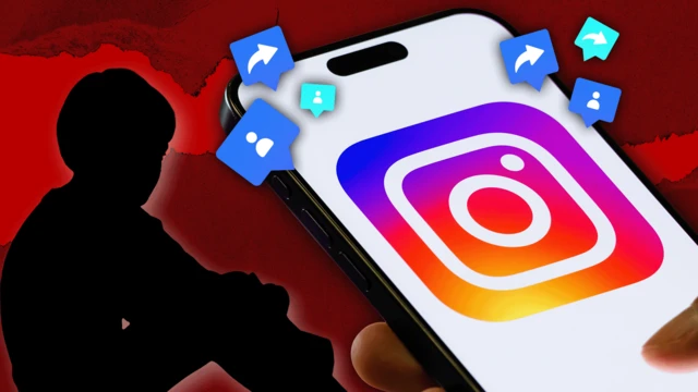 Kırmızı arka plan önünde çocuk silüeti ve üzerinde Instagram logosu bulunan cep telefonu.