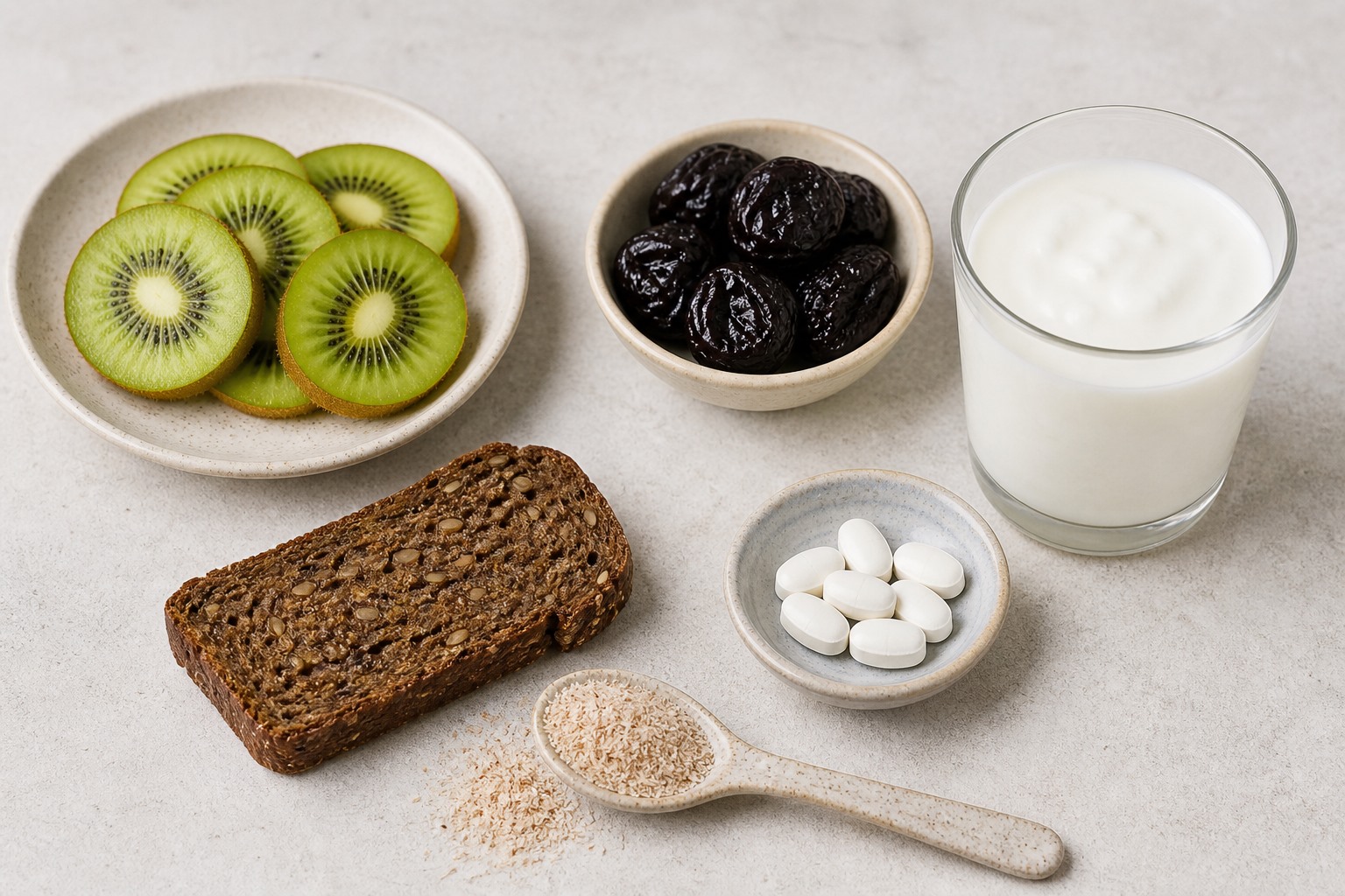 Kivi, kuru erik, çavdar ekmeği, psyllium, magnezyum takviyesi ve kefirin yer aldığı beslenme görseli.