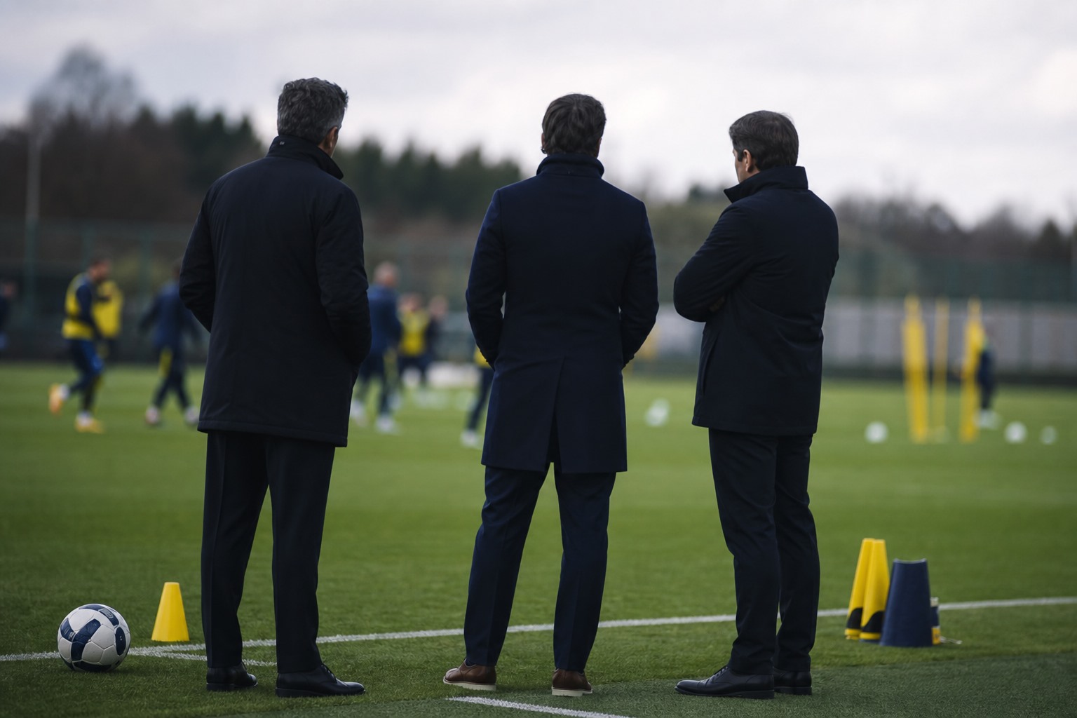 Antrenman sahası kenarında yapılan temsili transfer görüşmesi görseli.