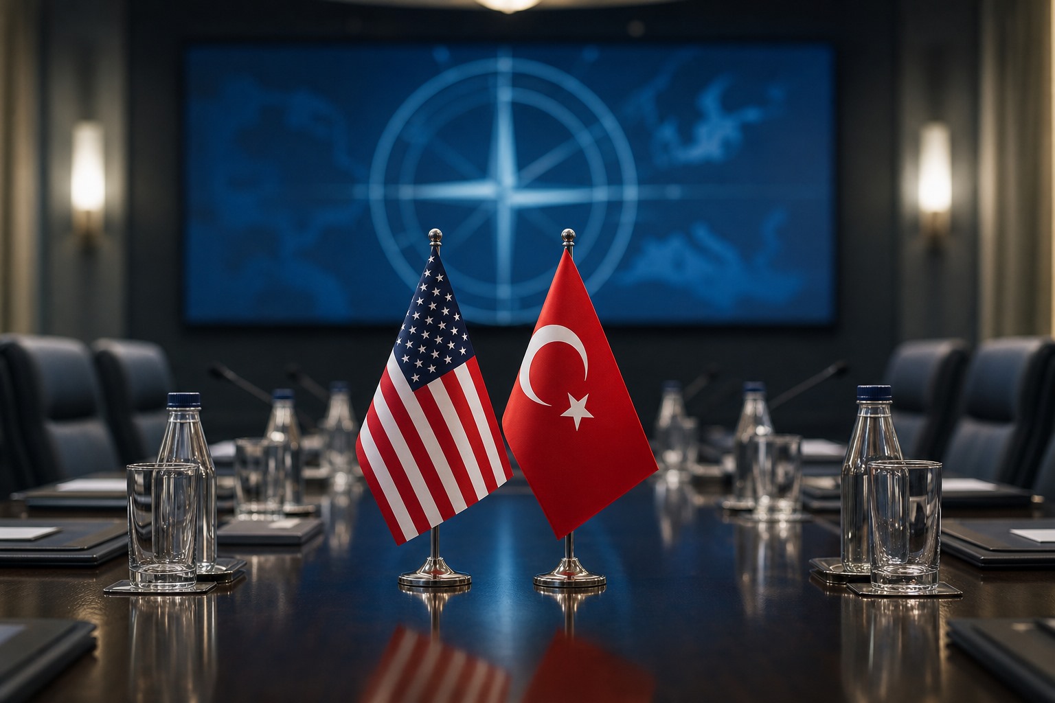 ABD-Türkiye savunma diplomasisini simgeleyen masa üzerindeki bayraklar ve soyut güvenlik arka planı.
