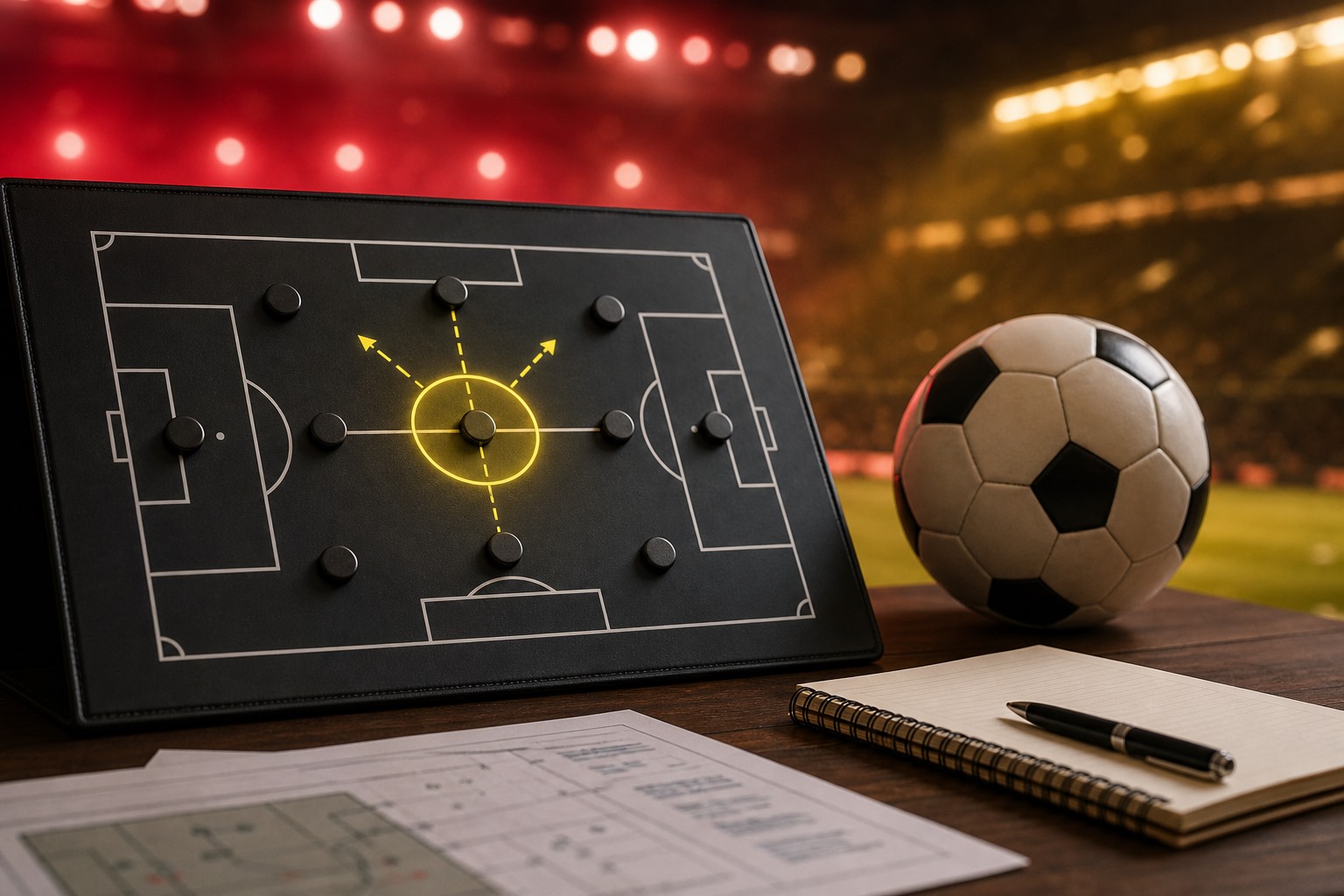 10 numara pozisyonunun işaretlendiği taktik tahtası ve transfer planlamasını anlatan sembolik futbol görseli.
