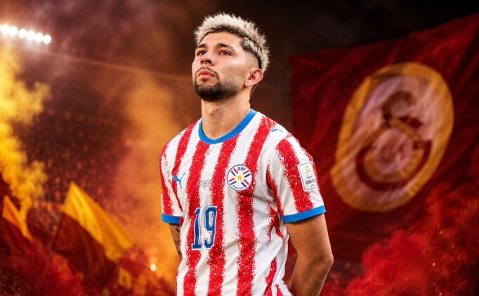Paraguay forması giyen Julio Enciso’nun kırmızı-sarı atmosferli stadyum arka planıyla hazırlanmış görseli.
