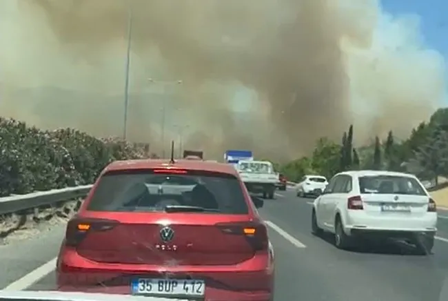 İzmir-İstanbul Otoyolu üzerinde araçların ilerlediği sırada yol çevresinde yoğun duman görülüyor.