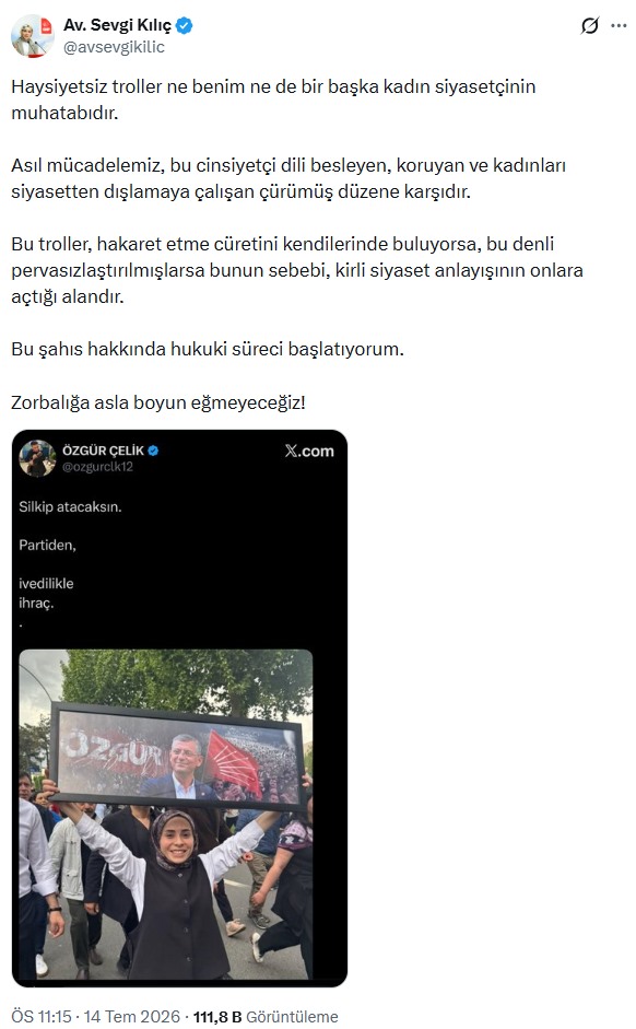Sevgi Kılıç'ın sosyal medya hesabından yaptığı hukuki süreç açıklamasının ekran görüntüsü