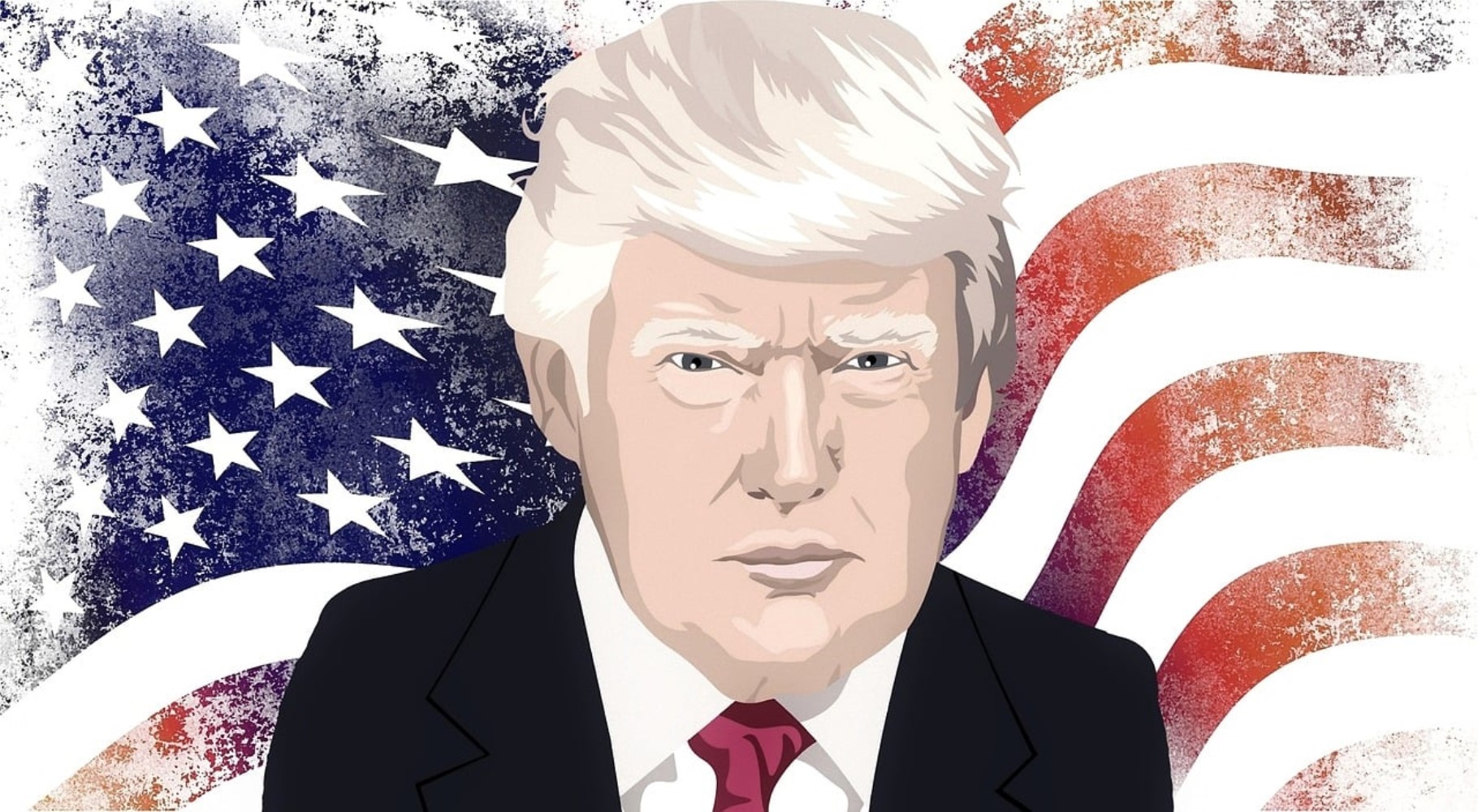 Donald Trump’ı ABD bayrağı arka planıyla gösteren illüstrasyon.