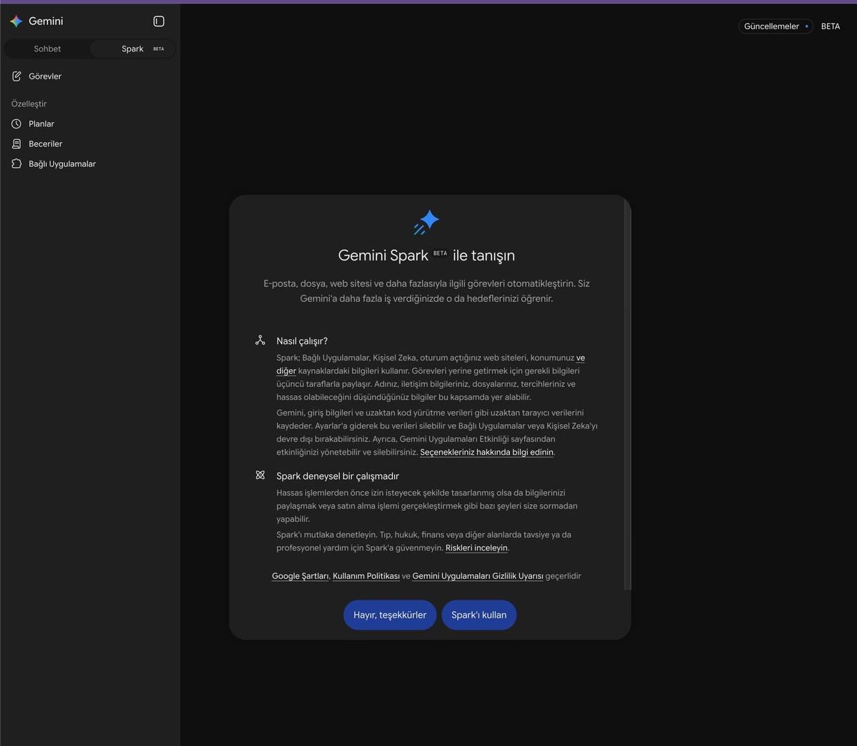 Gemini Spark tanıtım ekranını gösteren karanlık temalı arayüz görüntüsü.