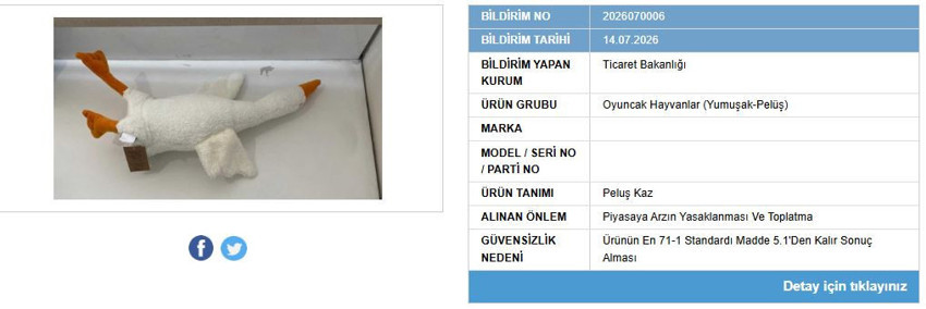 Güvensiz Ürün Bilgi Sistemi bildiriminde yer alan pelüş kaz oyuncağı ve ürün bilgileri.