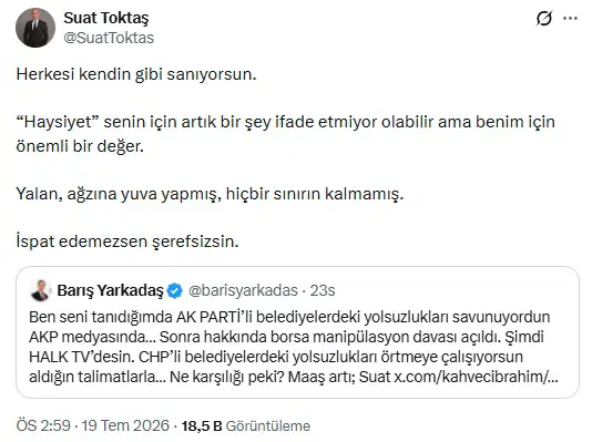 Suat Toktaş’ın Barış Yarkadaş’ın iddialarına yanıt verdiği sosyal medya paylaşımının ekran görüntüsü.