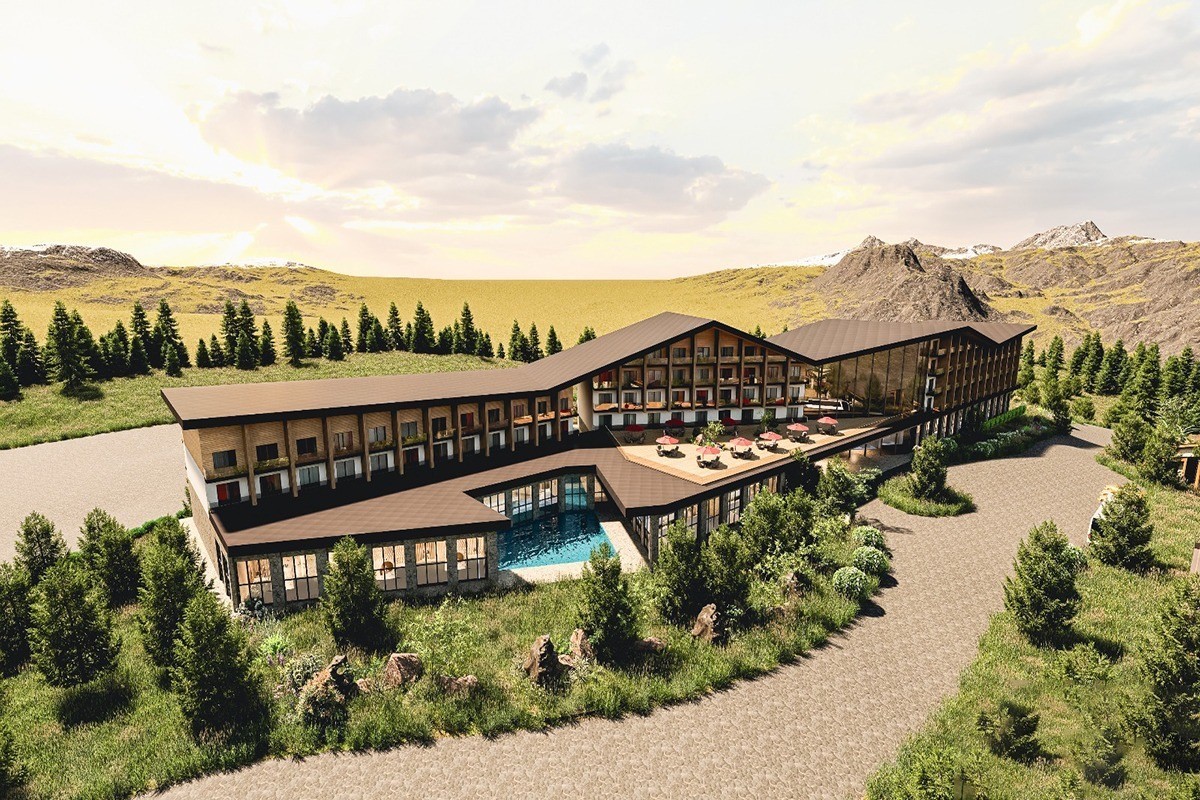 Doğal çevre içinde konumlandırılmış otel projesini gösteren mimari görsel.