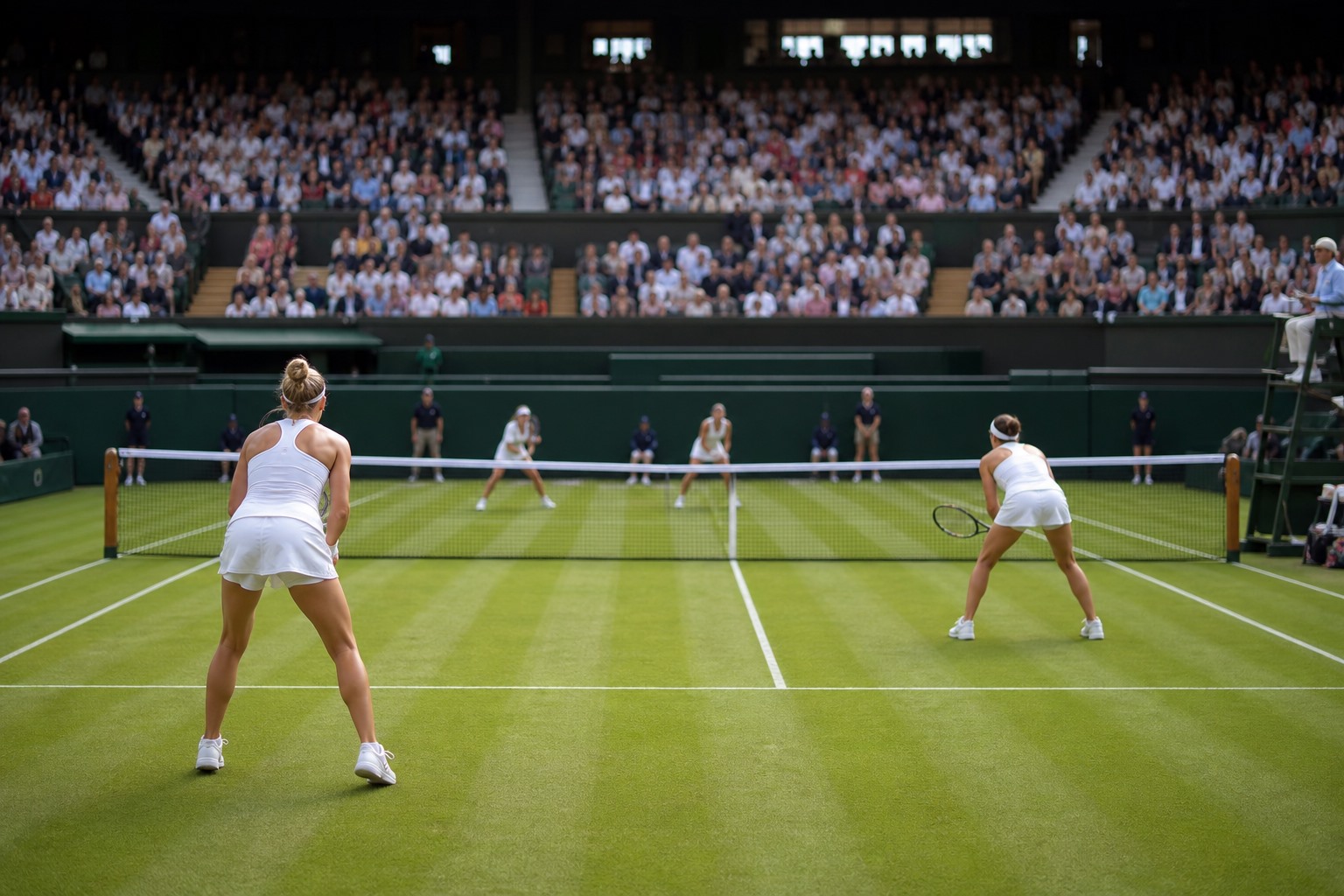 Çim kortta çiftler tenis maçını simgeleyen, yüzleri belirgin olmayan genel bir editoryal görsel.