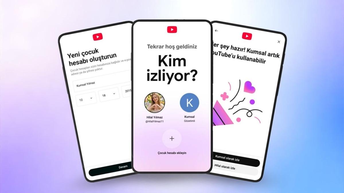 YouTube’un gözetimli çocuk hesabı arayüzünü gösteren telefon ekranları