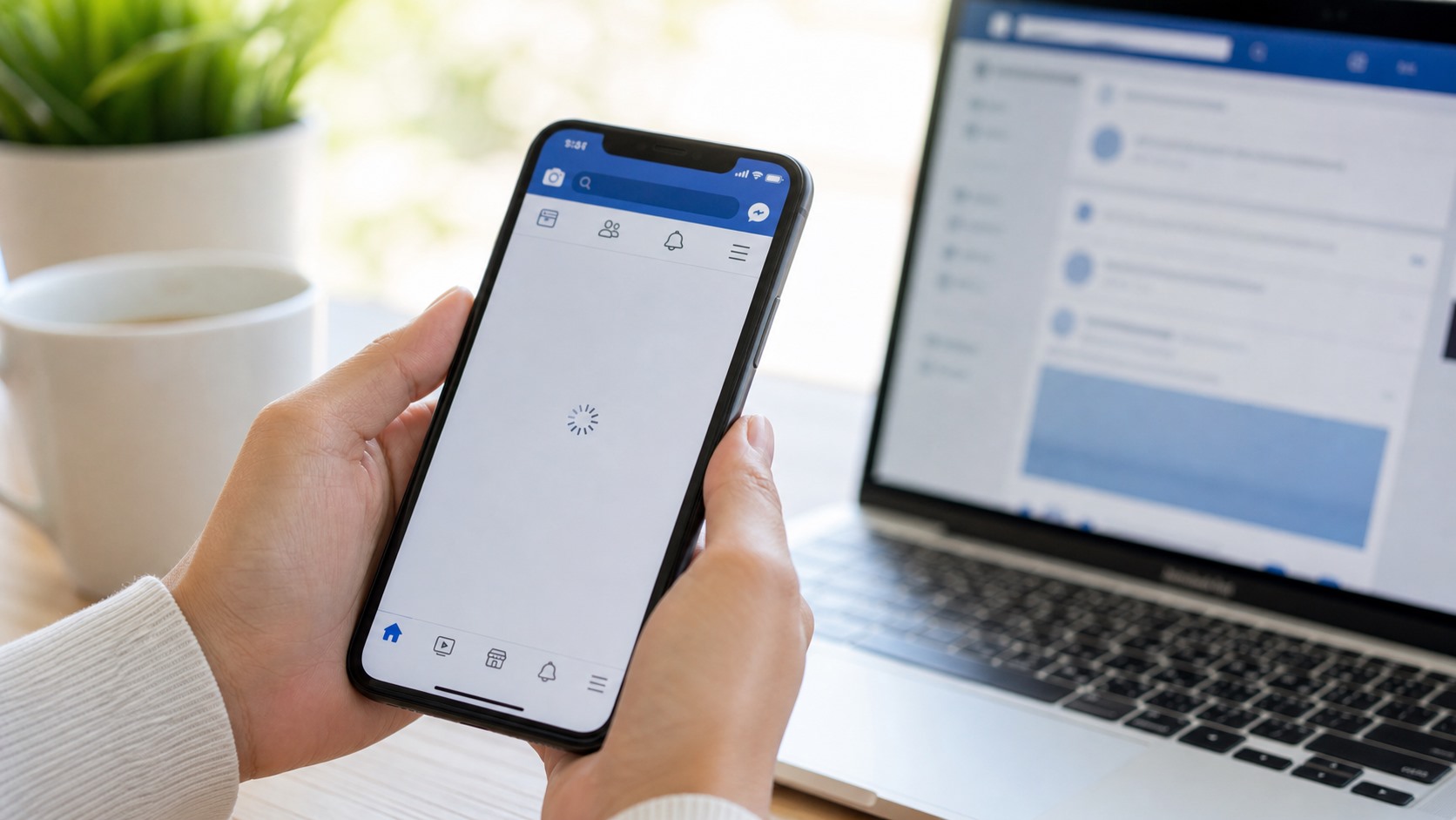 Telefon ve bilgisayar yanında sosyal medya uygulamasını kontrol eden elleri gösteren temsili görsel.