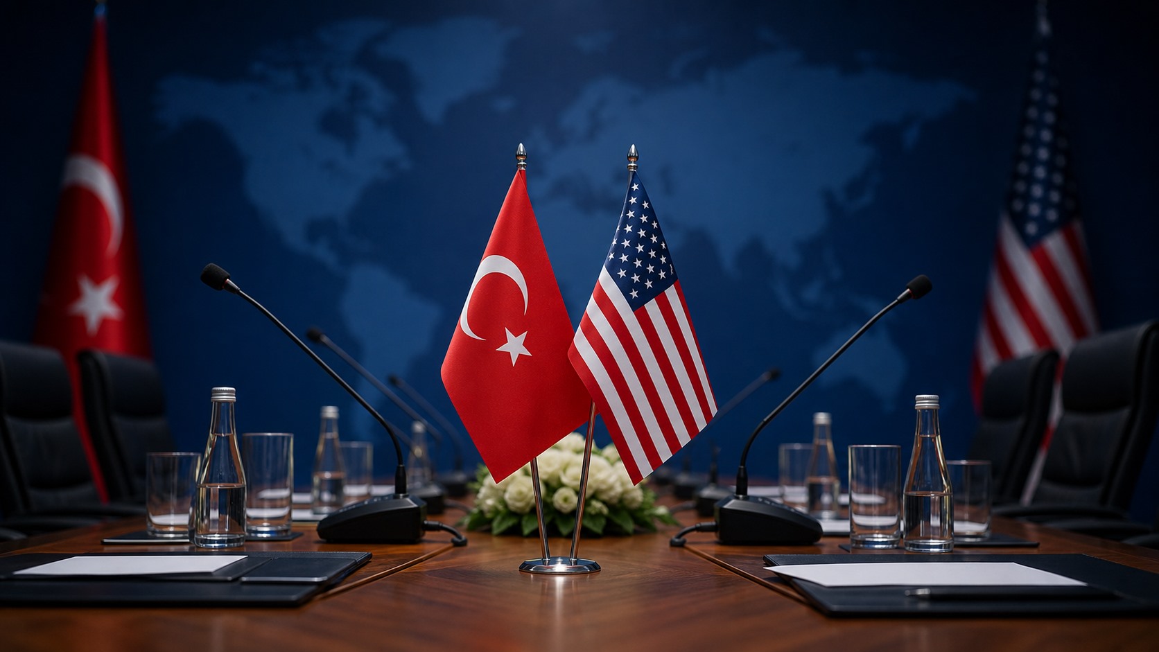 Türkiye-ABD ilişkileri ve NATO diplomasisini temsil eden temsili toplantı masası görseli.