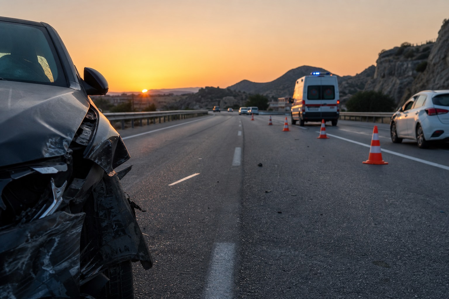Karayolunda trafik kazası sonrası güvenlik önlemlerini anlatan temsili görsel.