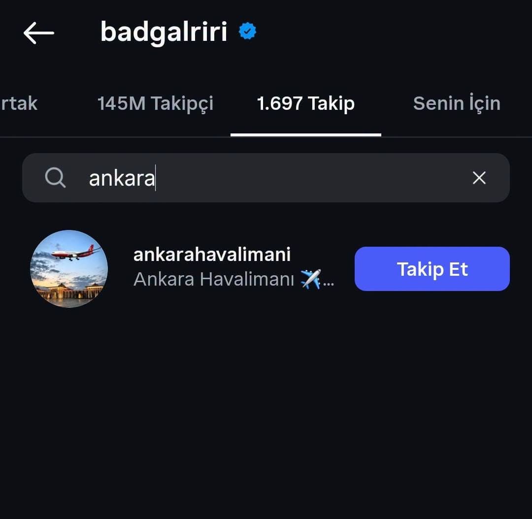 Rihanna'nın Instagram hesabında Ankara Havalimanı profilinin arandığını gösteren ekran görüntüsü.