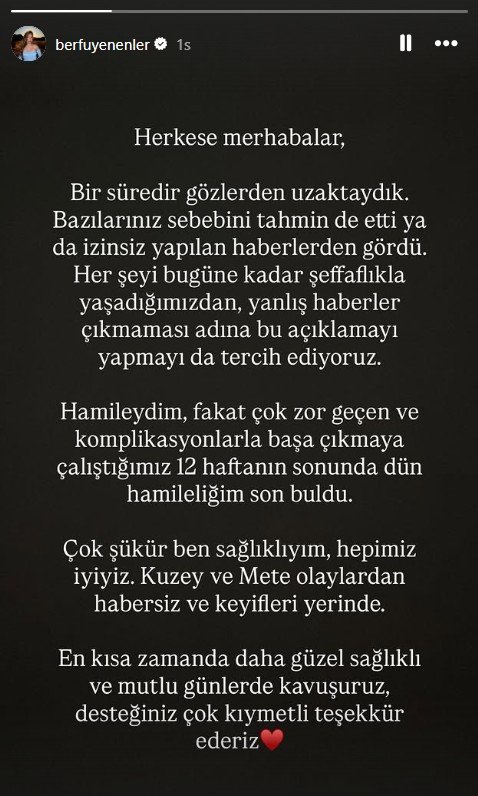 Berfu Yenenler'in hamileliğinin sonlandığını duyurduğu sosyal medya paylaşımının ekran görüntüsü.