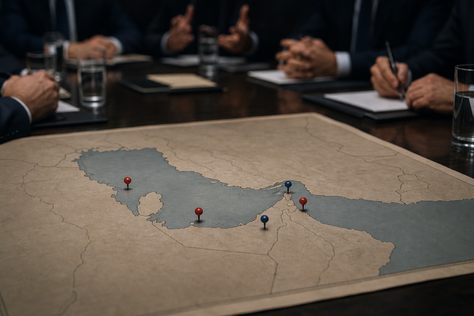Ortadoğu’daki diplomatik ve askeri gerilimi simgeleyen temsili bir masa ve harita görseli.