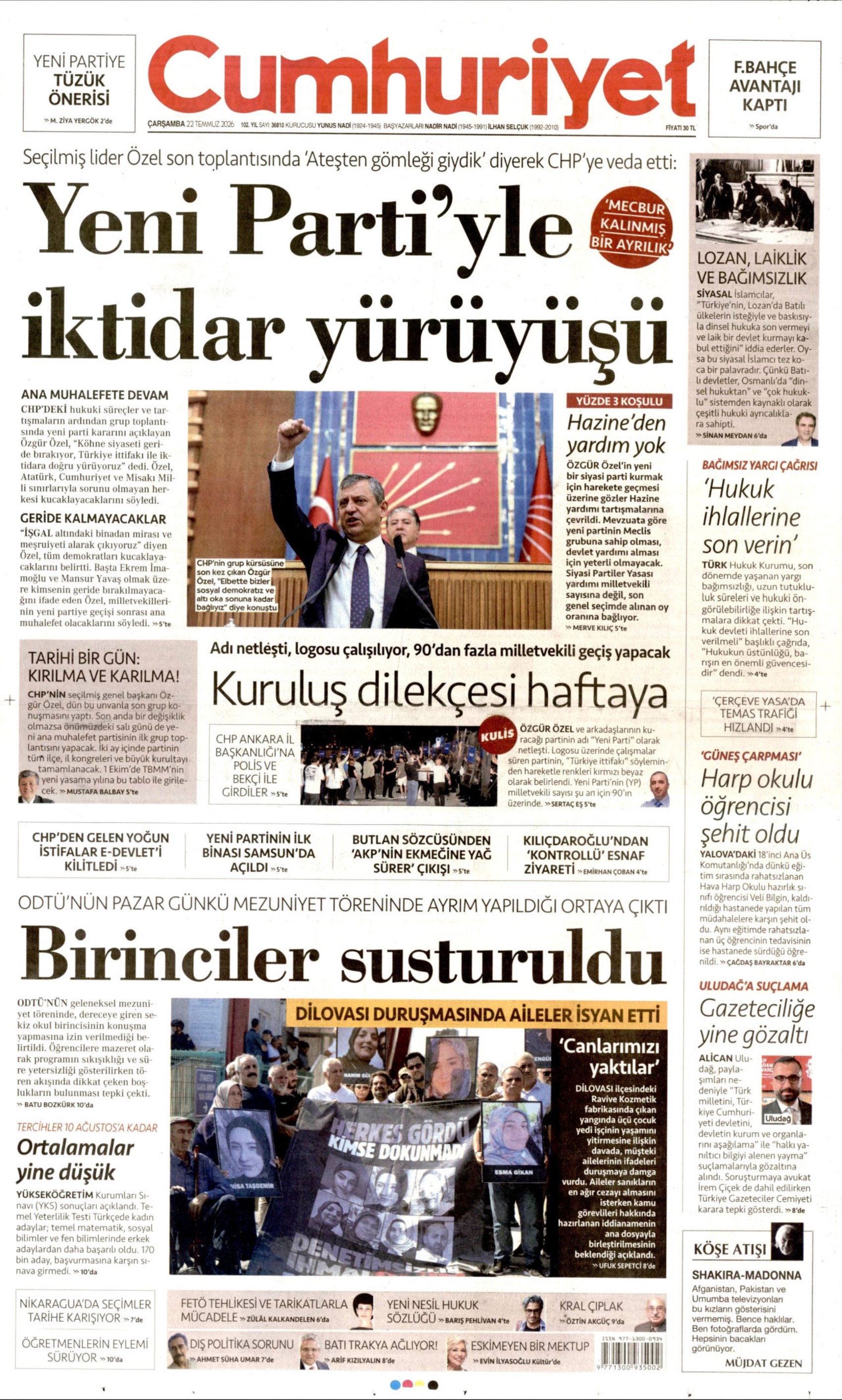 Gazeteler Özgür Özel'in CHP'ye vedasını nasıl gördü? (22 Temmuz 2026 gazete manşetleri)