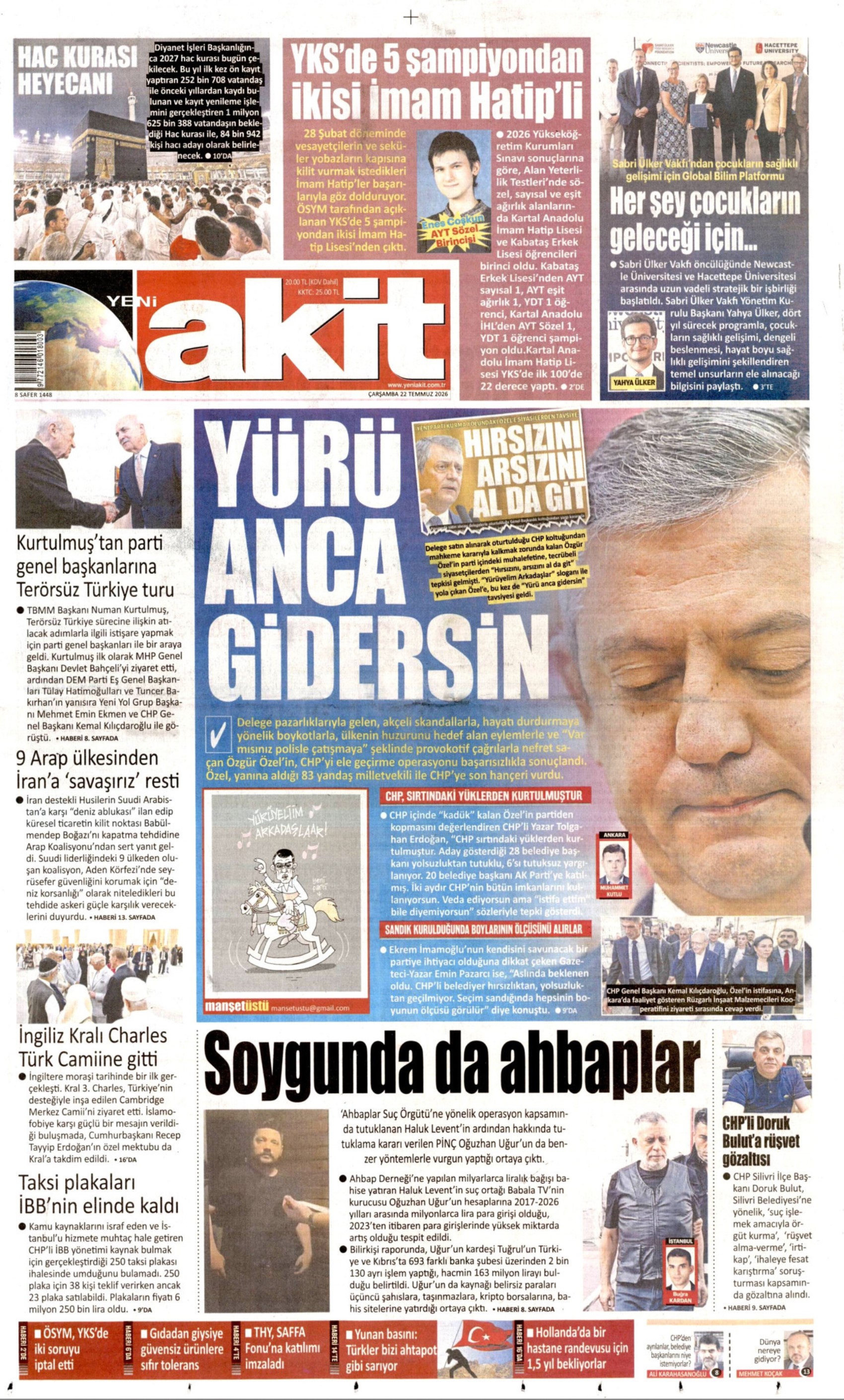 Gazeteler Özgür Özel'in CHP'ye vedasını nasıl gördü? (22 Temmuz 2026 gazete manşetleri)