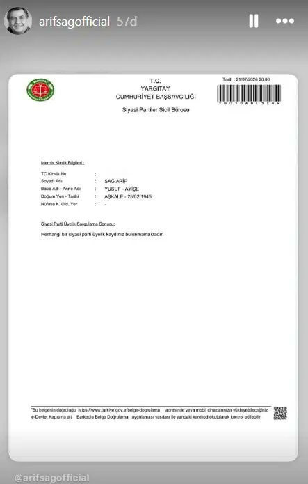 Arif Sağ’ın sosyal medya hesabında paylaştığı siyasi parti üyelik durumunu gösteren belge.