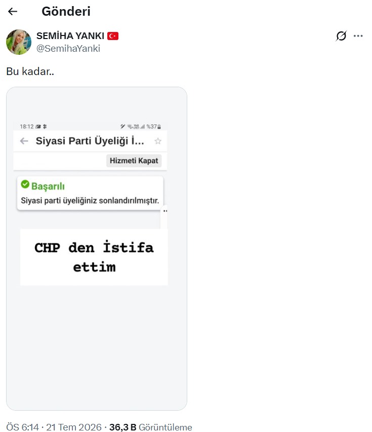 Semiha Yankı’nın CHP’den istifa ettiğini gösteren sosyal medya paylaşımı.