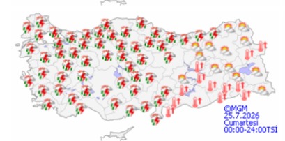 25 Temmuz 2026 tarihli Türkiye hava durumu haritasında yaygın yağış simgeleri yer alıyor.