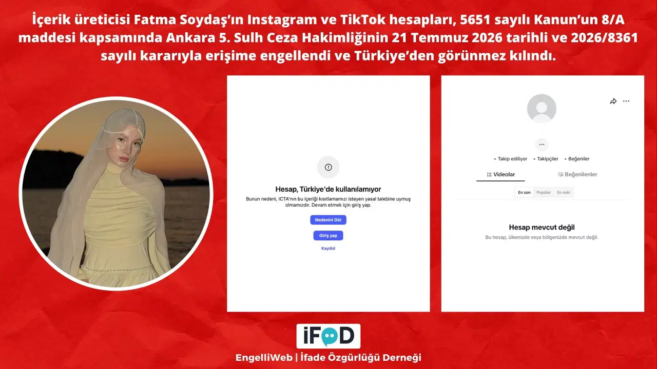 Fatma Soydaş’ın Instagram ve TikTok hesaplarına erişim engeli kararını gösteren İFÖD EngelliWeb paylaşımı.