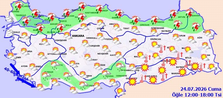 24 Temmuz 2026 Cuma günü öğle saatleri için Türkiye genelinde hava durumu haritası