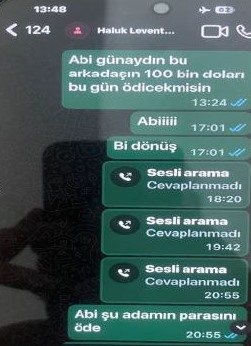 Mehmet Ulu tarafından gönderildiği öne sürülen mesajlarda 100 bin dolarlık ödeme talebi ve cevapsız aramalar görülüyor.