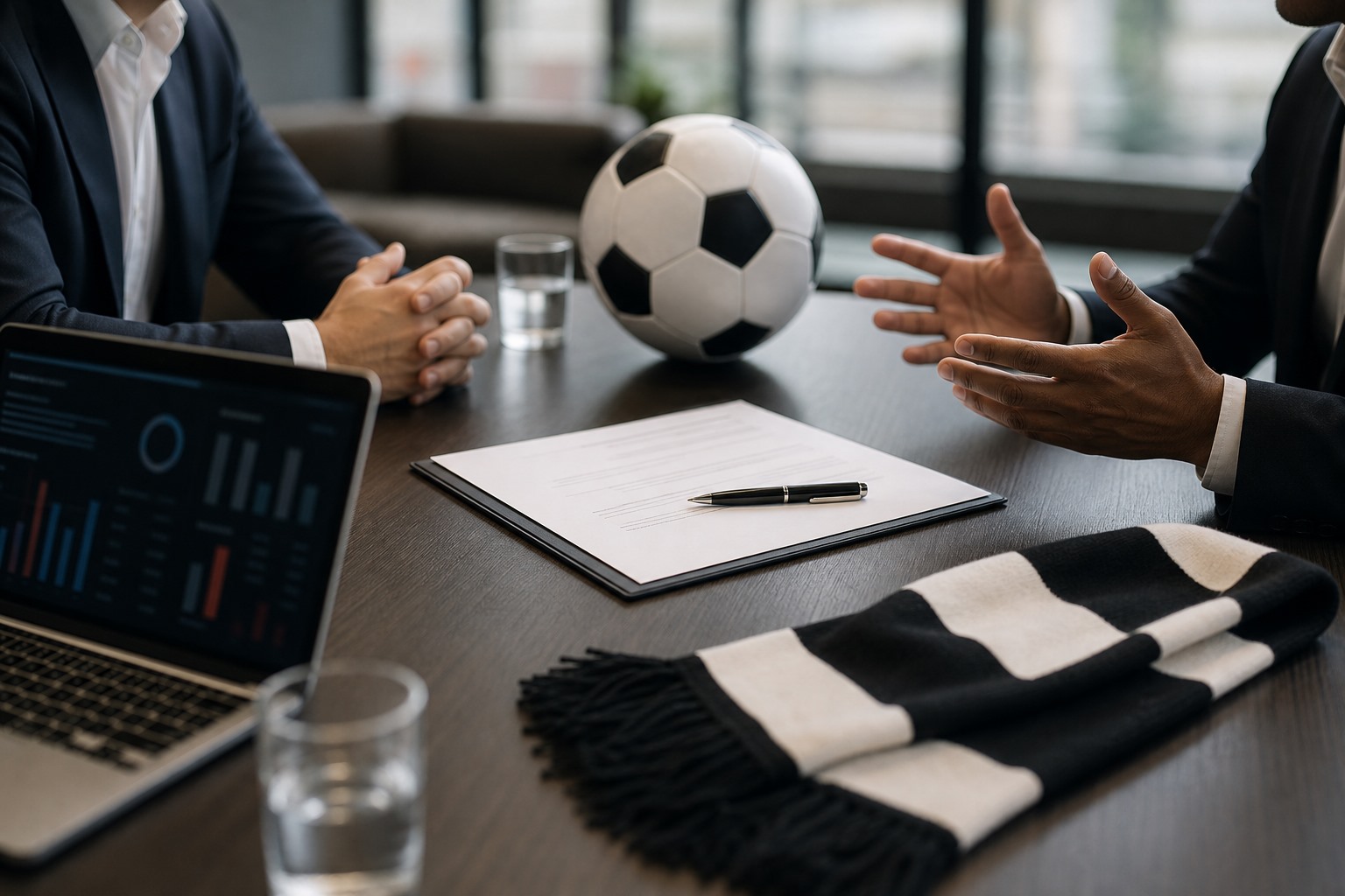 Futbol transfer görüşmesini temsil eden masa, sözleşme, kalem ve futbol topu görseli.