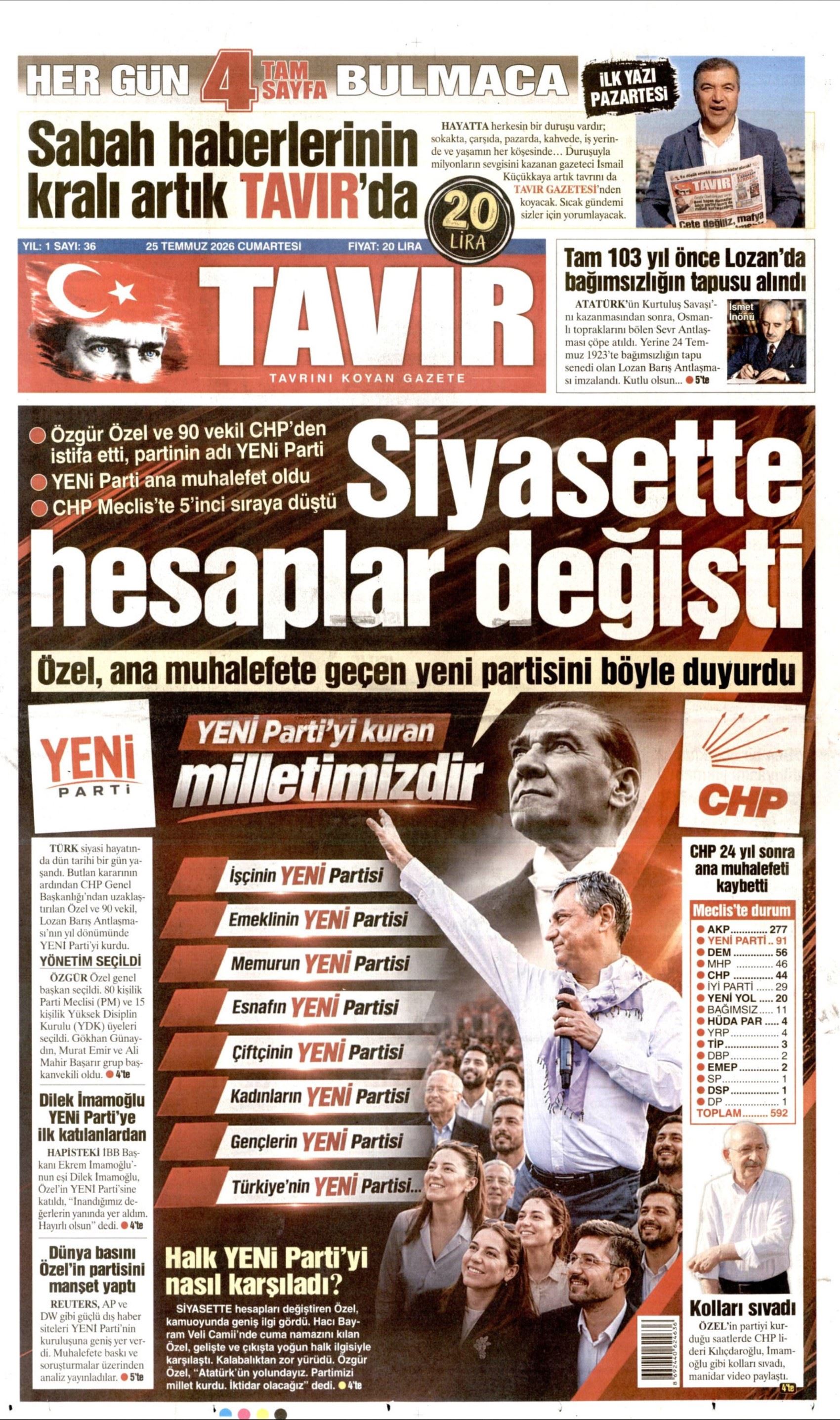 Gazeteler, Özgür Özel'in kurduğu YENİ Parti'yi nasıl gördü? (25 Temmuz 2026 gazete manşetleri)