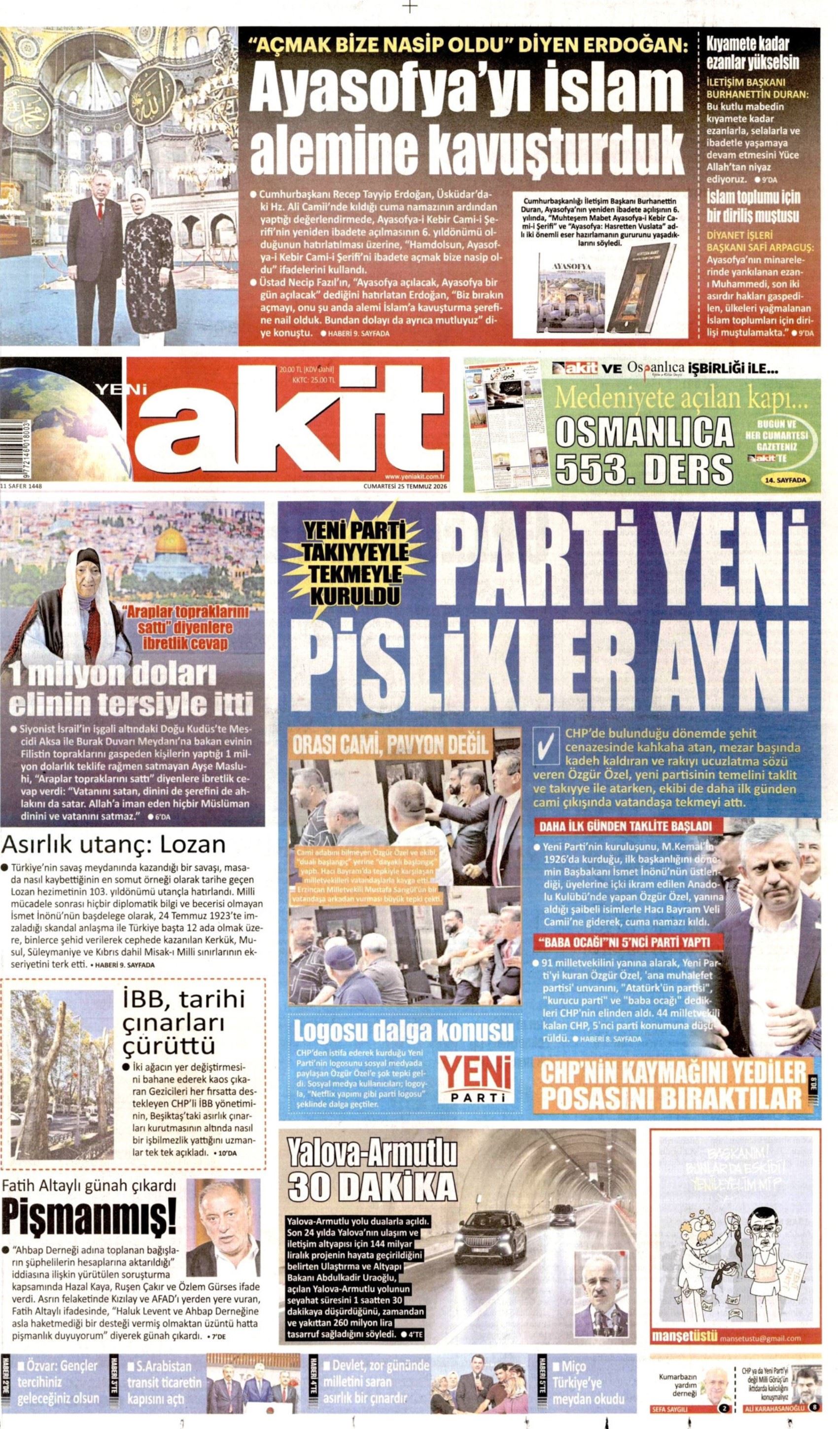 Gazeteler, Özgür Özel'in kurduğu YENİ Parti'yi nasıl gördü? (25 Temmuz 2026 gazete manşetleri)