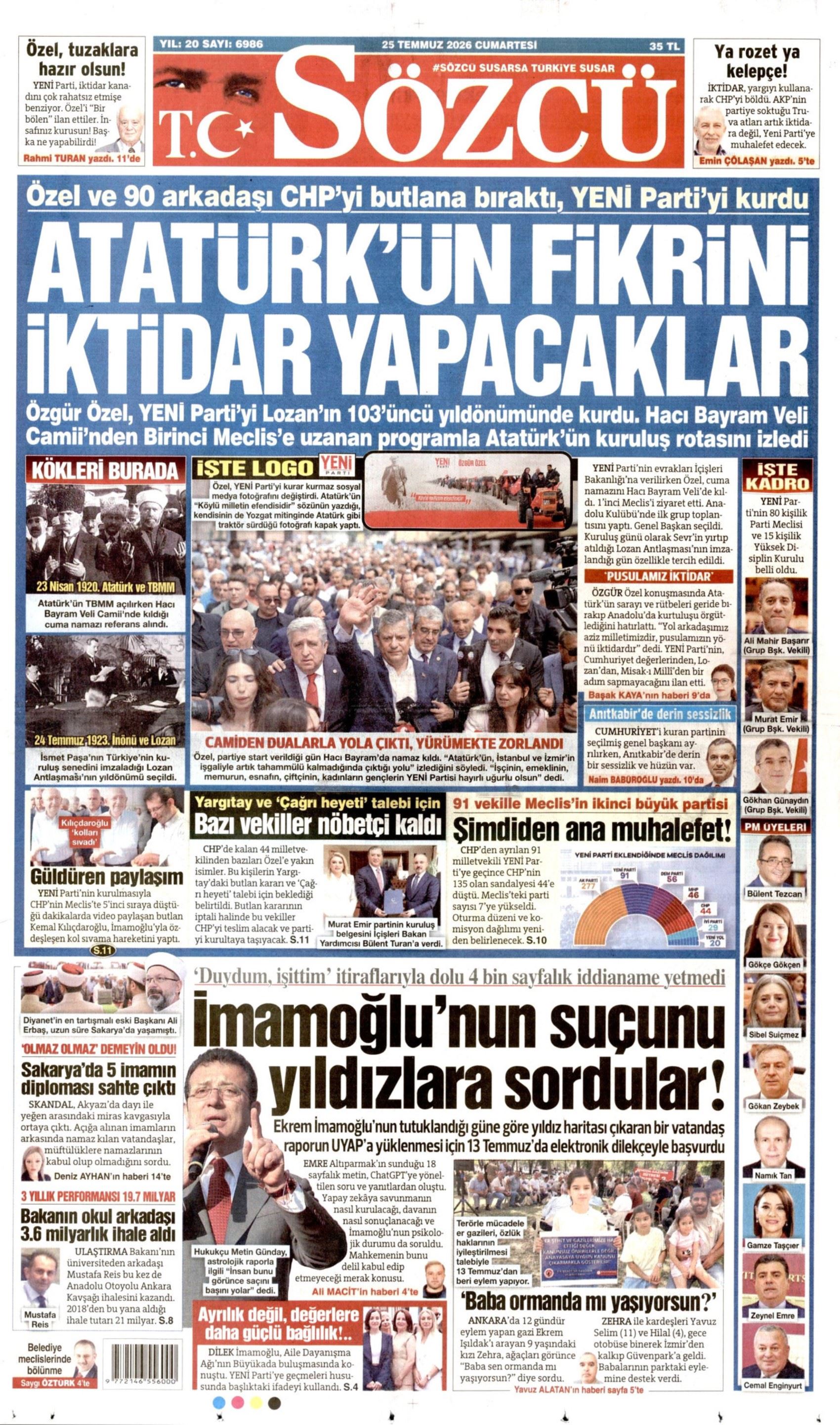 Gazeteler, Özgür Özel'in kurduğu YENİ Parti'yi nasıl gördü? (25 Temmuz 2026 gazete manşetleri)