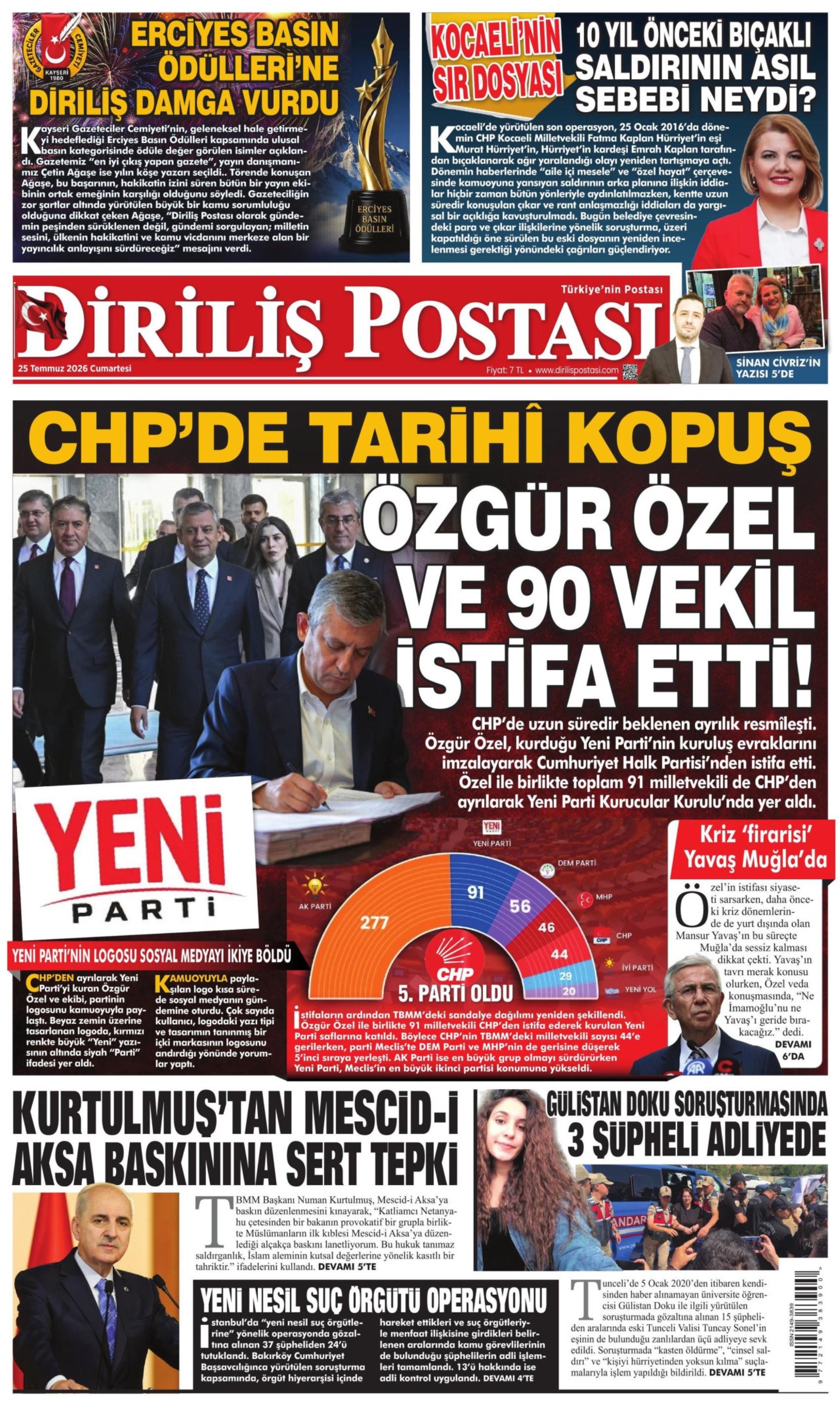 Gazeteler, Özgür Özel'in kurduğu YENİ Parti'yi nasıl gördü? (25 Temmuz 2026 gazete manşetleri)