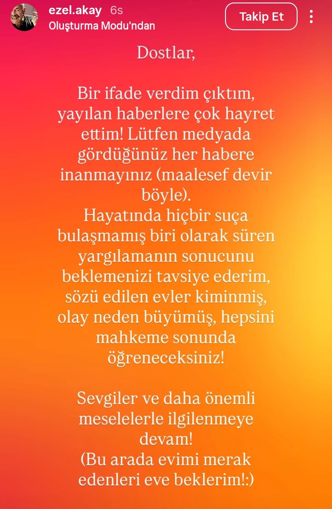 Ezel Akay’ın sosyal medya hesabından yaptığı açıklamanın ekran görüntüsü.