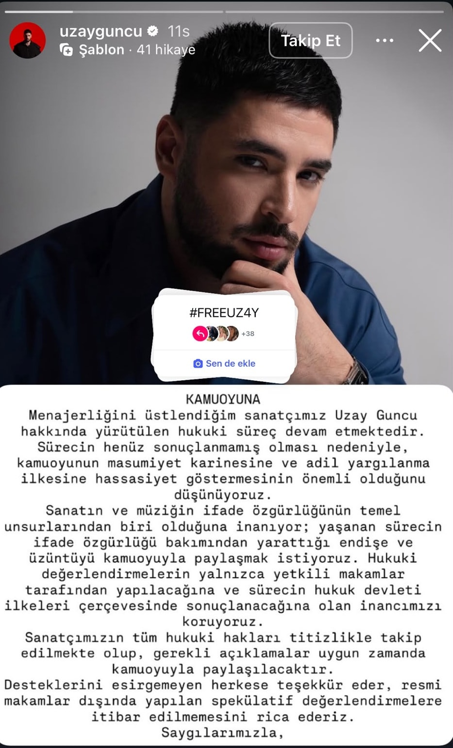 Uzay Güncü’nün sosyal medya hesabında paylaşılan kamuoyu açıklamasının ekran görüntüsü.