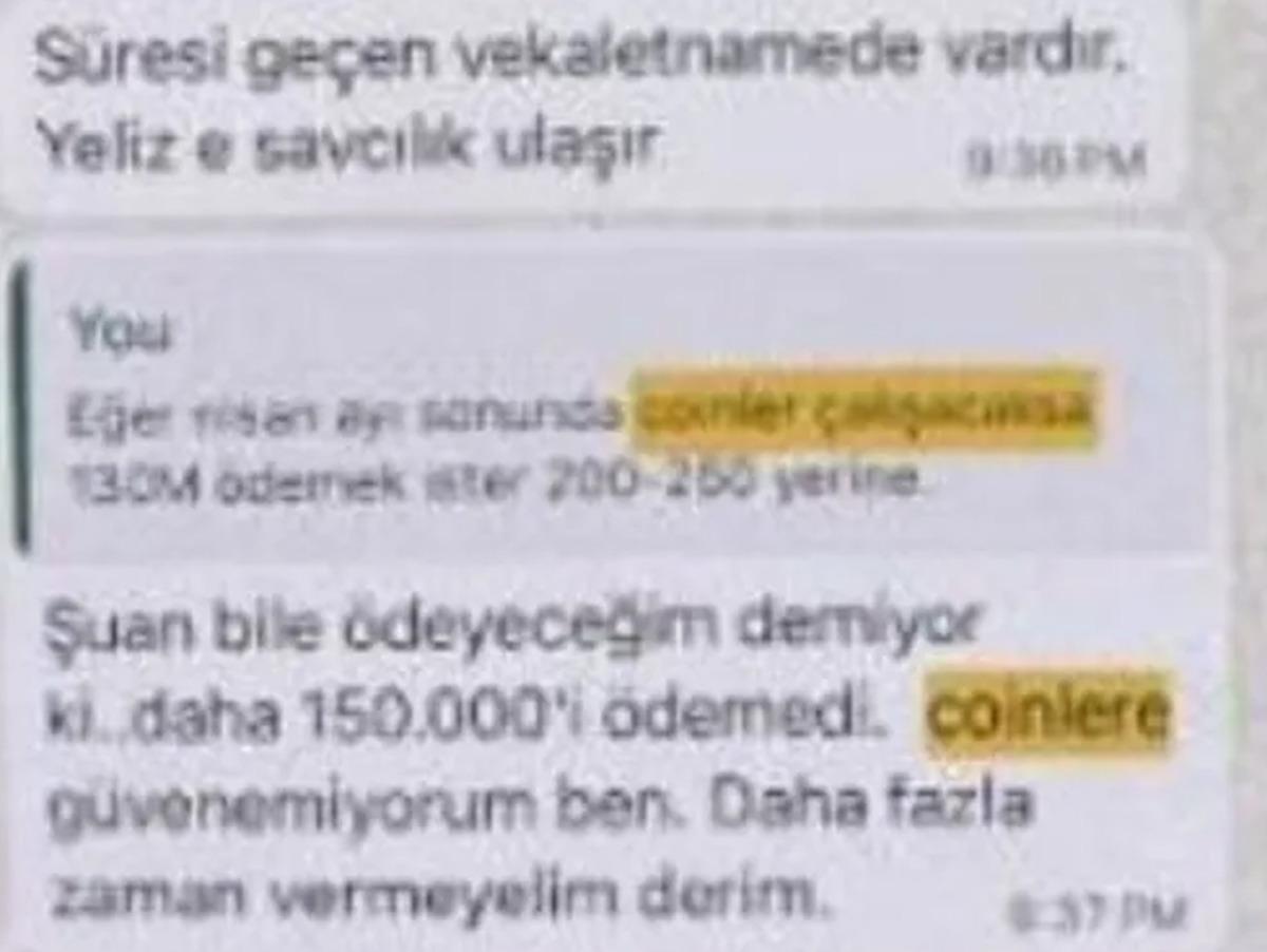 WhatsApp mesajı görüntüsünde 130 milyonluk ödeme ve coinlerle ilgili ifadeler seçiliyor.