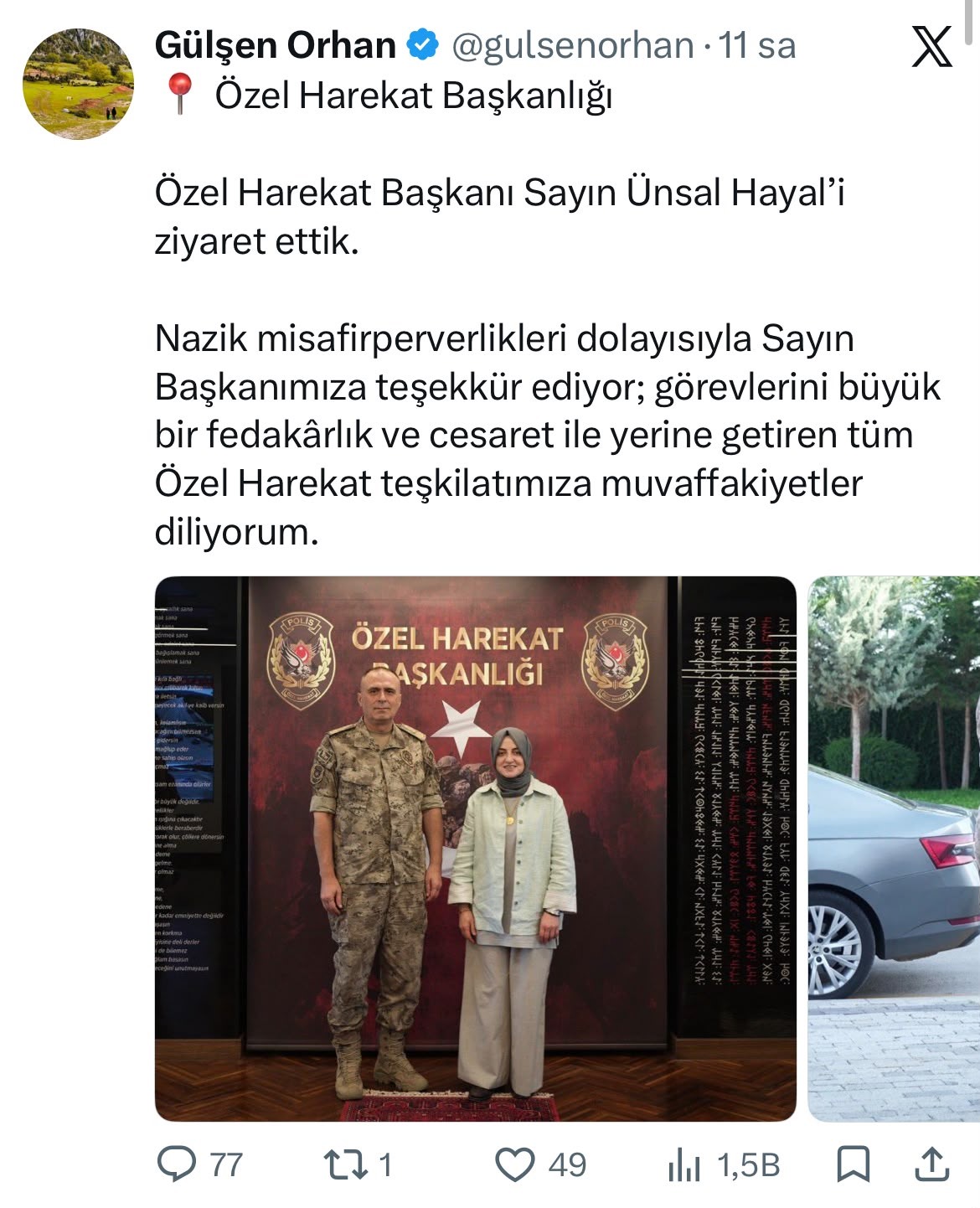 Gülşen Orhan’ın sosyal medya paylaşımında Özel Harekat Başkanlığı ziyareti ve ziyaret fotoğrafları yer alıyor.