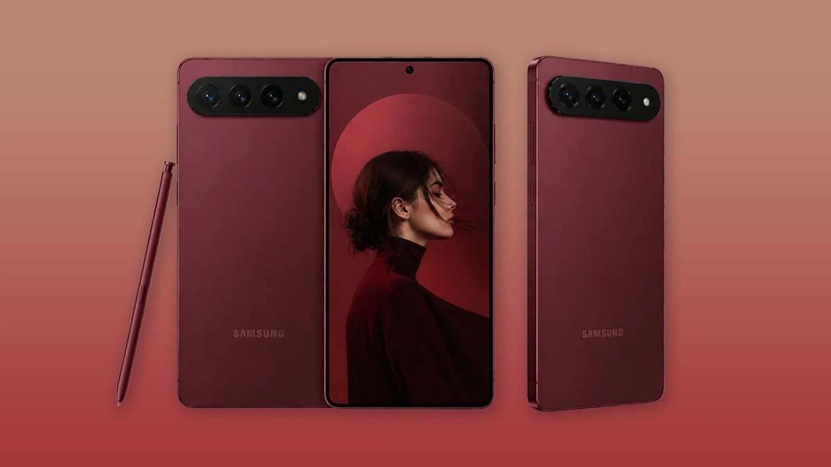 Samsung Galaxy serisini temsil eden kırmızı tonlarda akıllı telefon görseli.